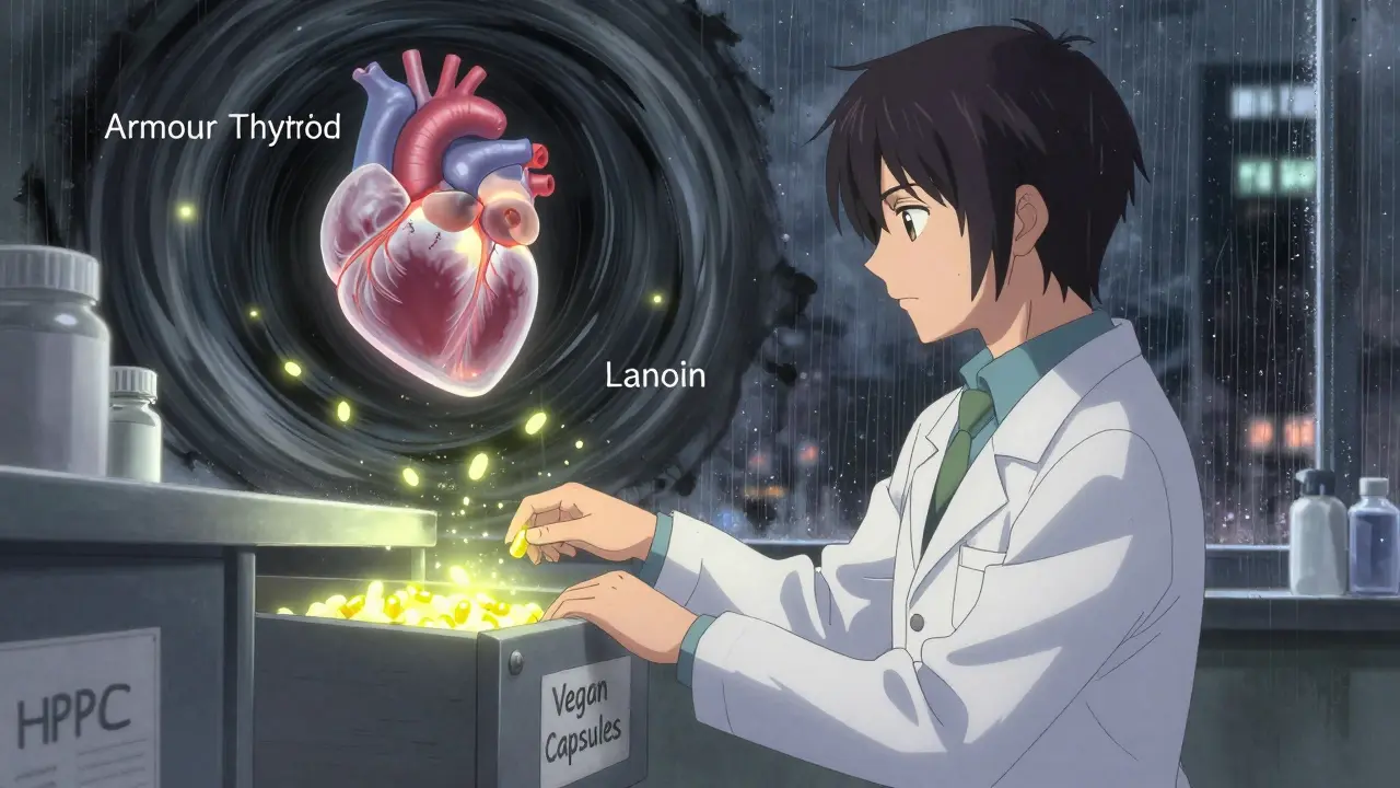 A pharmacist handing out vegan capsules while animal-derived drug components fade into darkness.