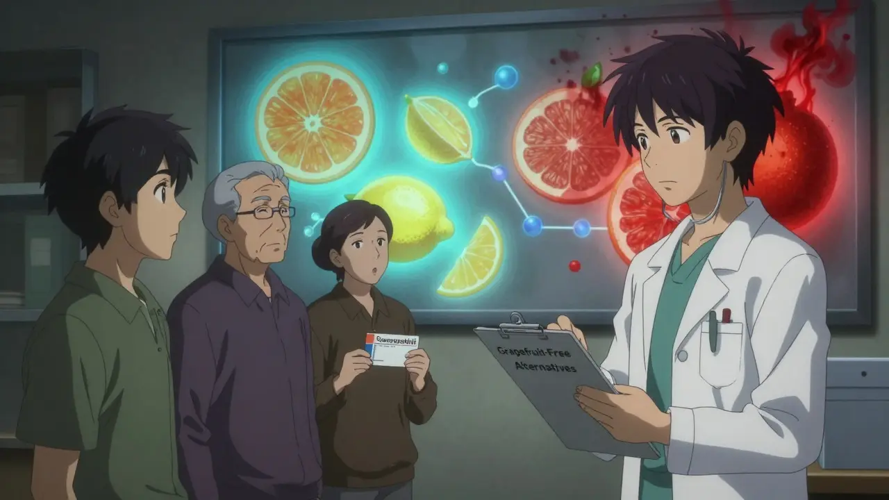 A pharmacist presents safe medication alternatives as citrus fruits glow with contrasting light and dark energies.