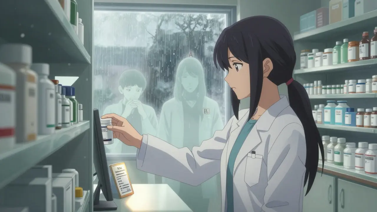 A pharmacist selects a generic drug while ghostly patient silhouettes with 'A' and 'B' codes fade around them in a rainy pharmacy.