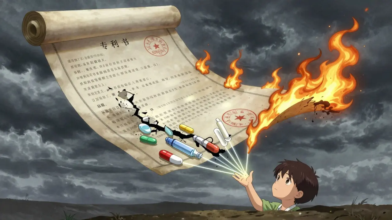 A stormy sky reveals a legal scroll where patents dissolve and pediatric exclusivity burns gold, connected to a child's hand reaching upward.