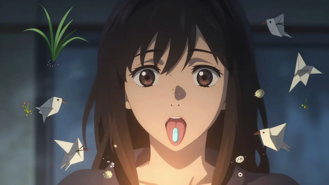 A tablet dissolves under a woman's tongue, surrounded by crumbling pollen creatures in soft amber and blue light.