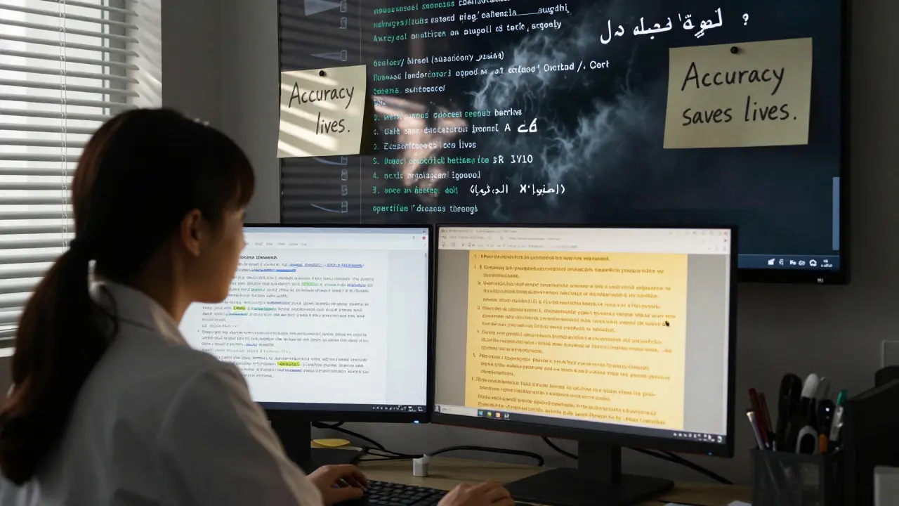 A translator reviewing prescriptions under a single light, with chaotic mistranslations crumbling to ash behind them as gold text glows correctly.