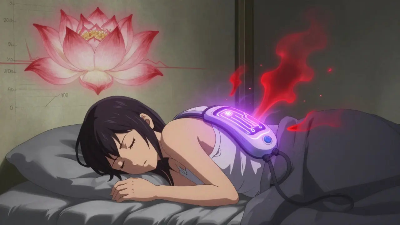 A wearable device emitting gentle vibrations to keep a sleeper on their side, with apnea events dissolving around them.