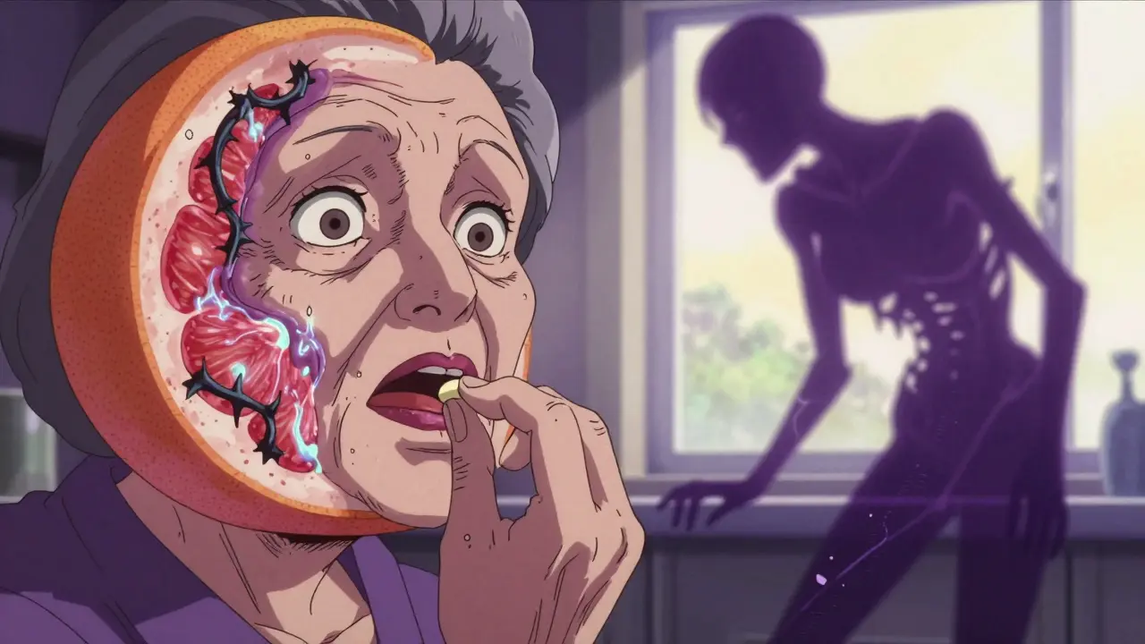 An elderly woman taking a pill as a monstrous grapefruit entity drains muscle fibers from her shadow.