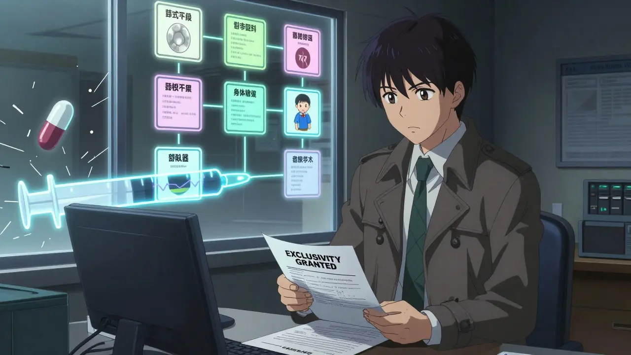 An FDA official stamps an exclusivity document as floating drug forms pulse with neon light, linked to a child's heartbeat behind them.