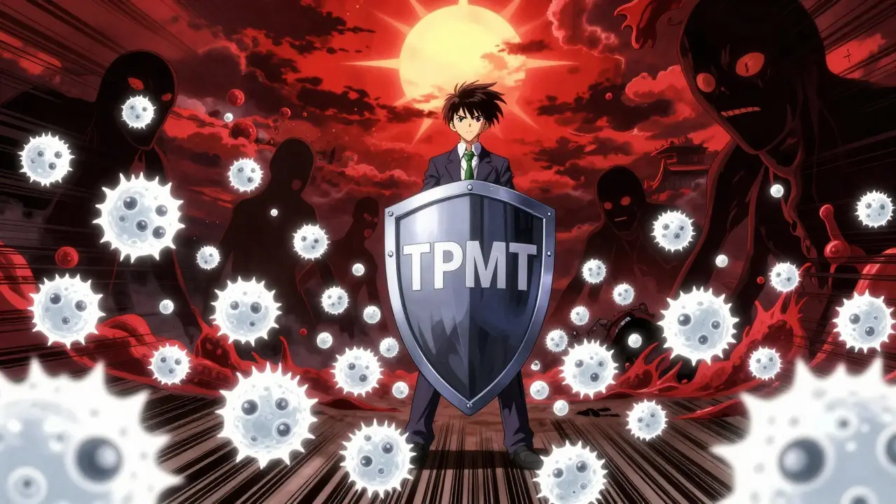 Battle inside the body: white blood cells fight toxic drug particles, guarded by a glowing TPMT enzyme shield.