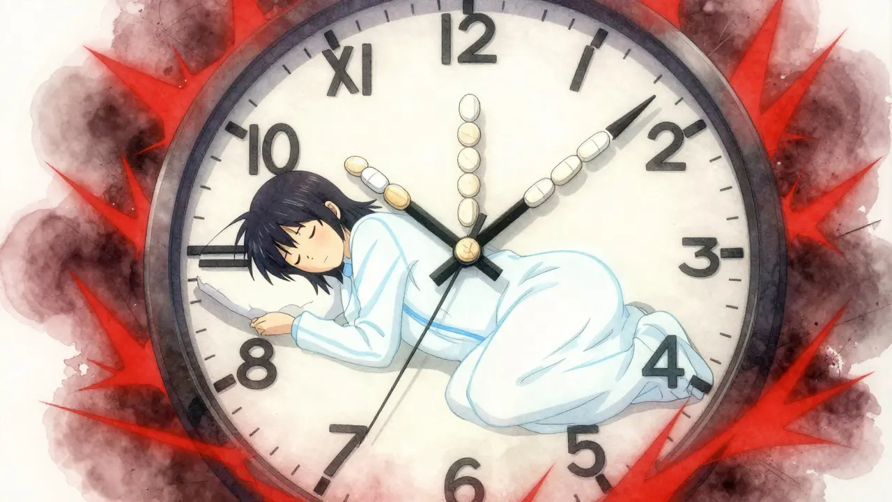 Clock with warfarin and vitamin K hands, person asleep under steady INR glow.