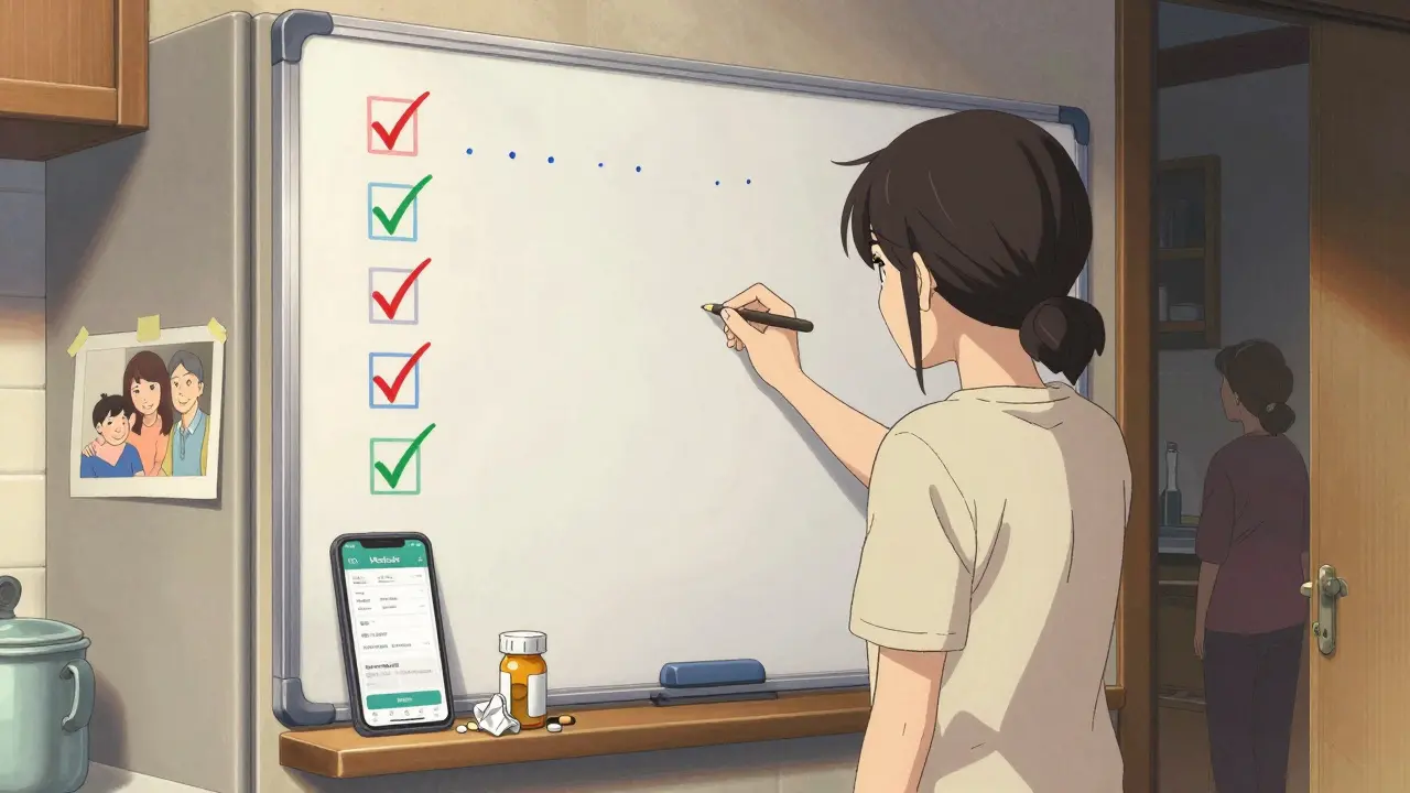 Color-coded whiteboard with checkmarks and pill bottles on a kitchen counter, phone showing medication app.