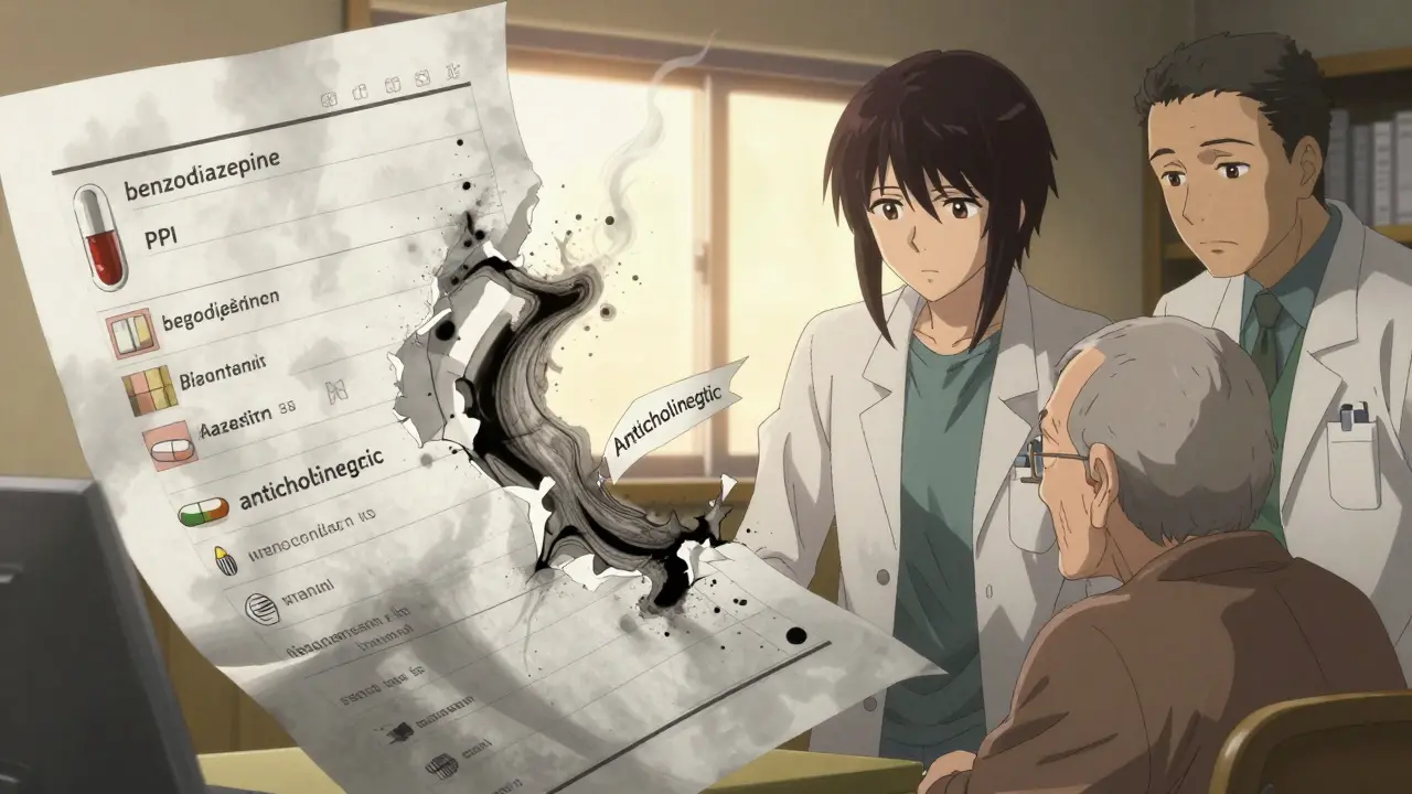 Doctor and pharmacist reviewing a crumbling medical chart with an older patient.