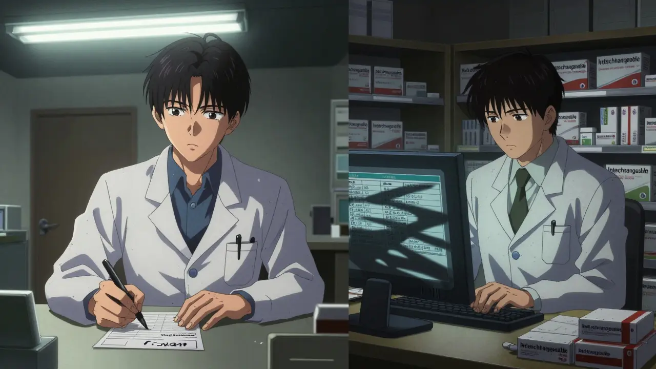 Doctor writing 'Dispense As Written' while pharmacist faces conflicting state laws on a computer screen.