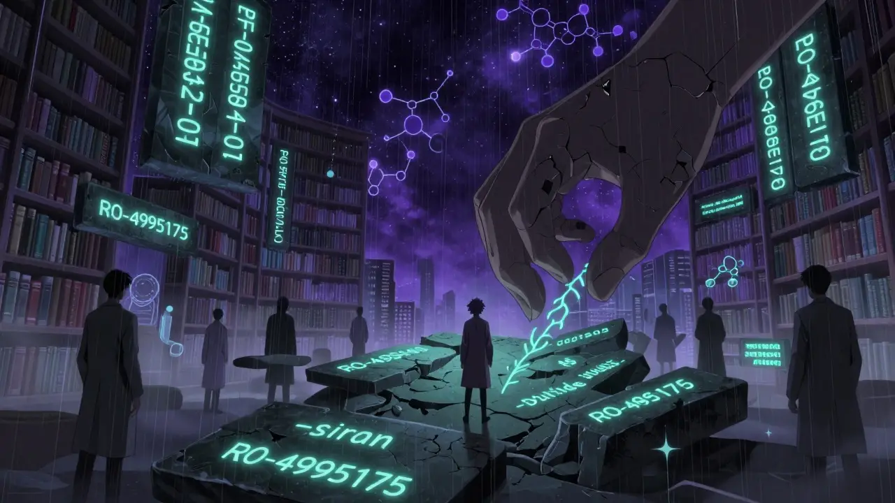 Floating drug codes and new naming stems hover in a starry library as a giant hand writes new rules on stone tablets.