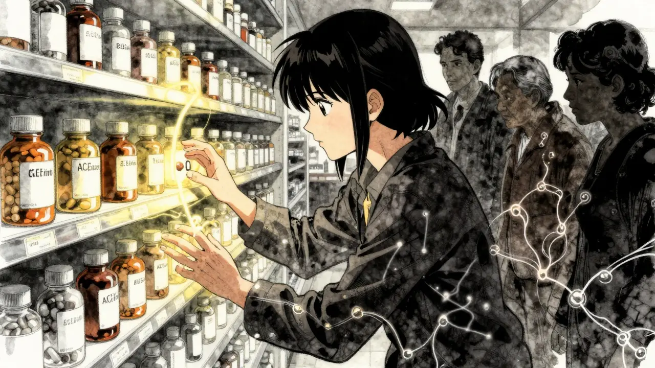 Medication bottles glowing with hidden biological forces, surrounded by shadowy patients reaching toward them.