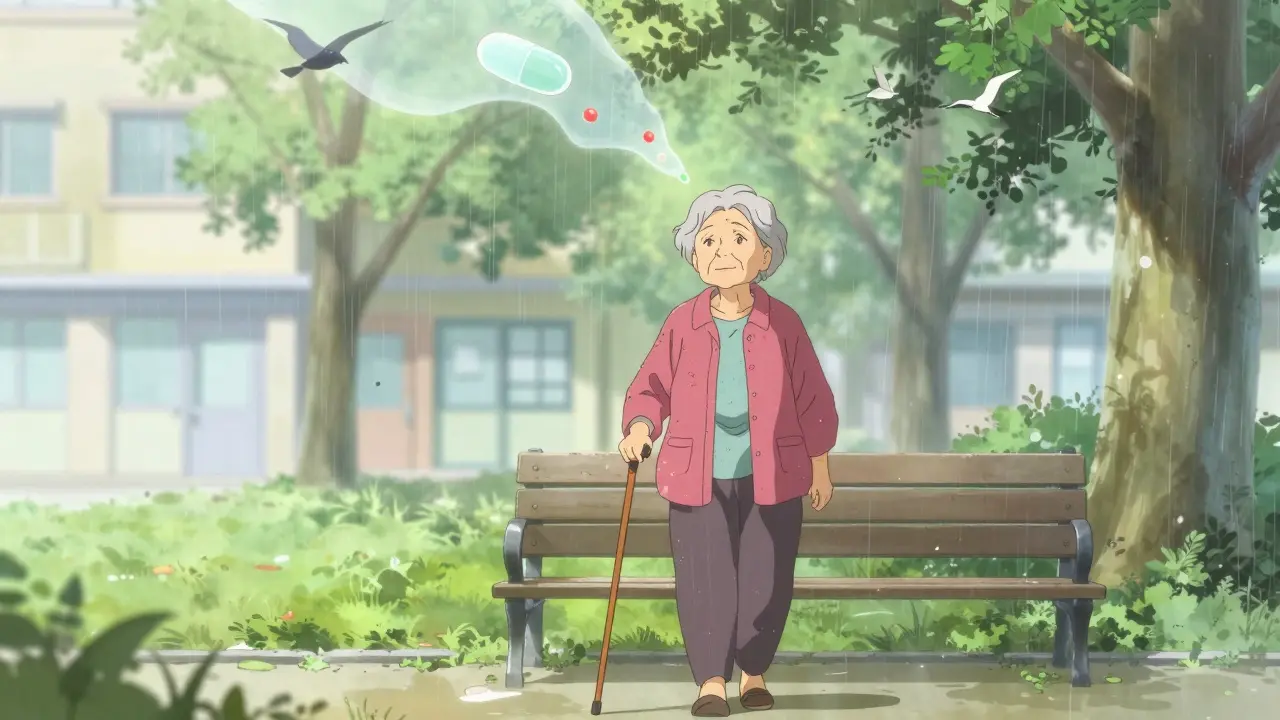 Older woman walking freely in a park as ghostly pills dissolve into the sky.