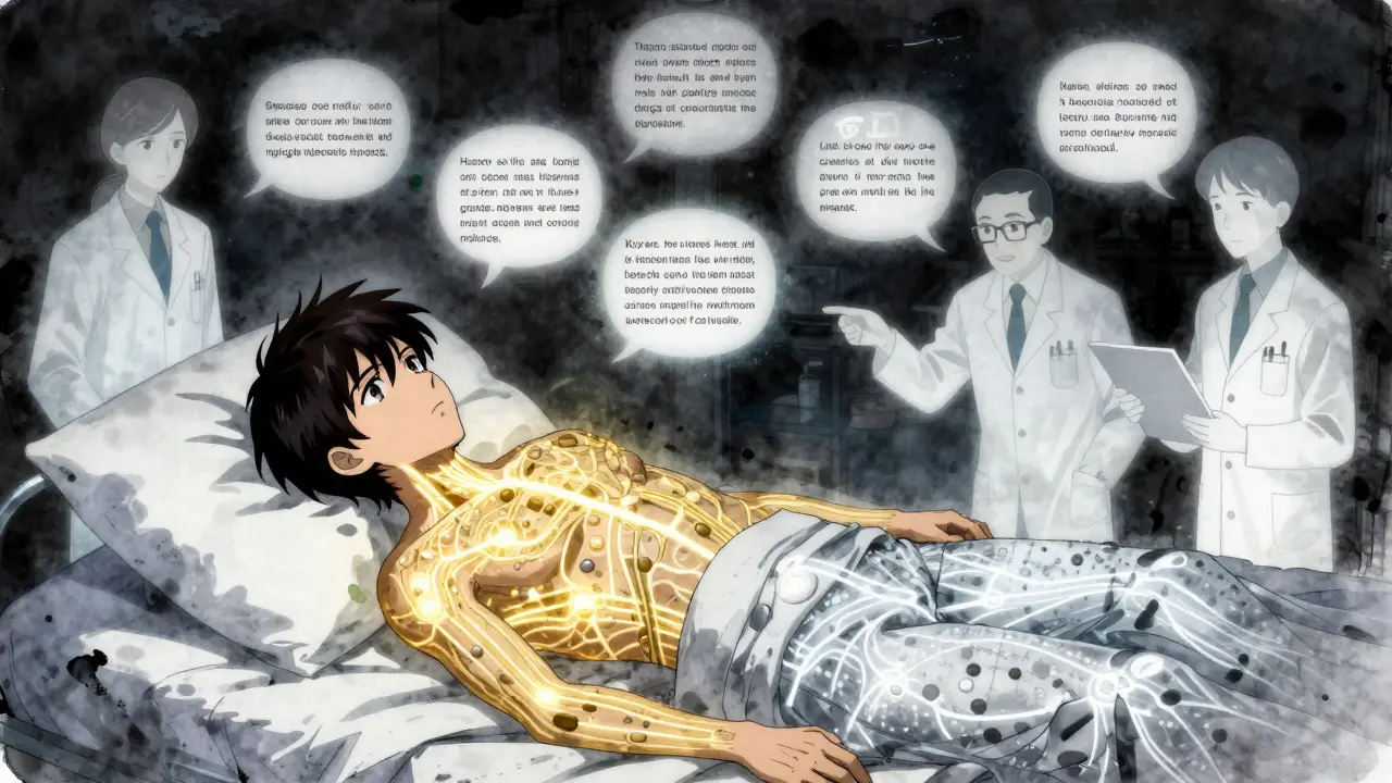Patient in bed with glowing drug pathways, surrounded by ghostly figures representing pharmacy, medical, and insurance systems.
