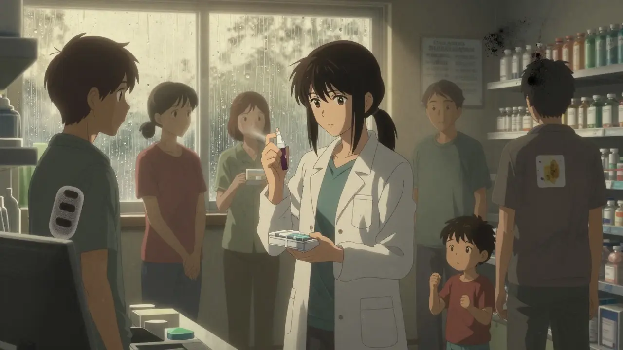 People in a pharmacy receiving naloxone and using locked pill boxes, warm light breaking through rainy windows.