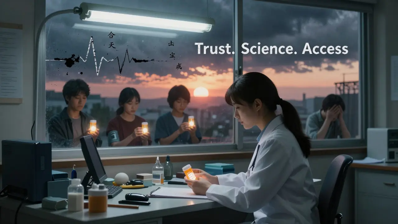 Physician's reflection shows patients healed by generics, with sunrise and heartbeat line symbolizing hope.