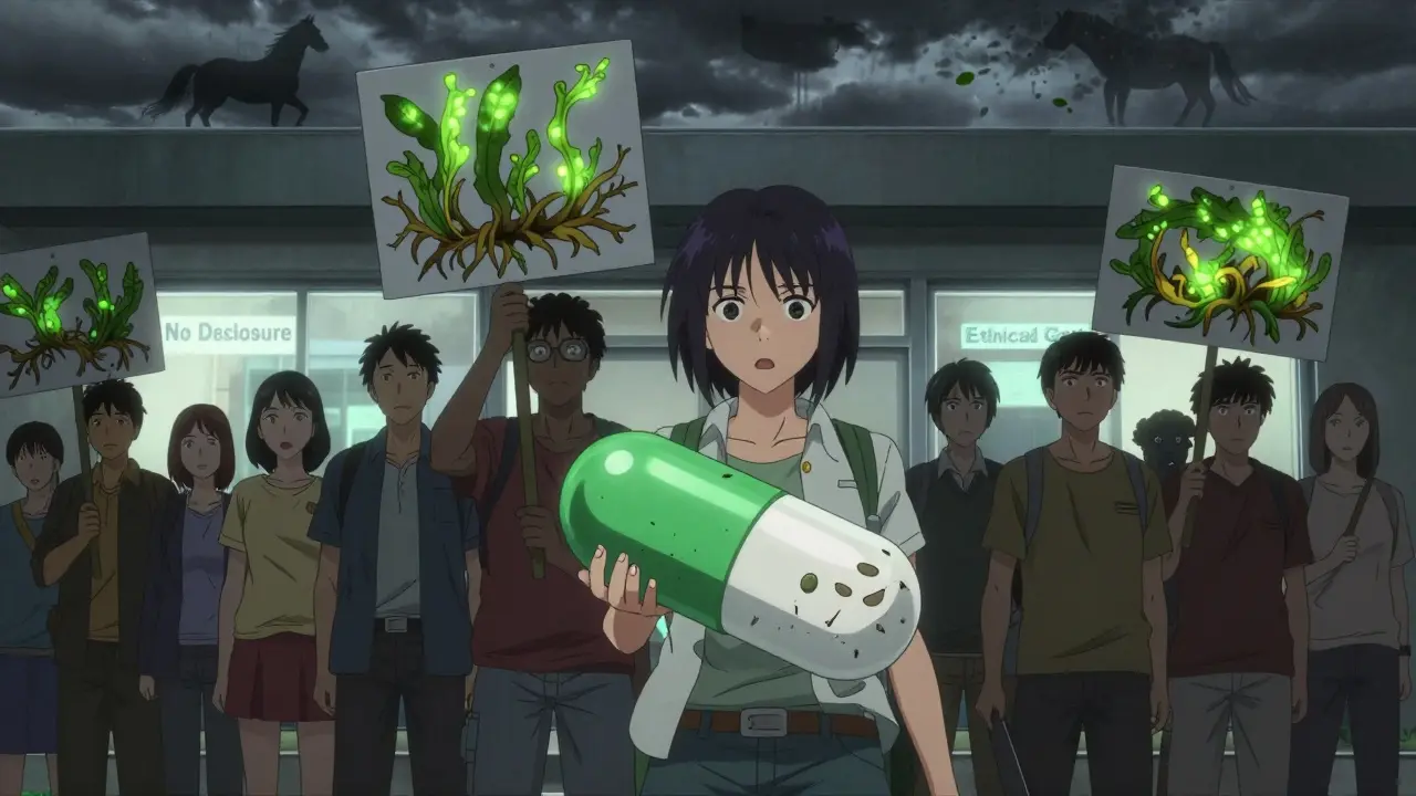 Protesters holding plant-based signs outside a pharmaceutical building with shattered pill symbolism.