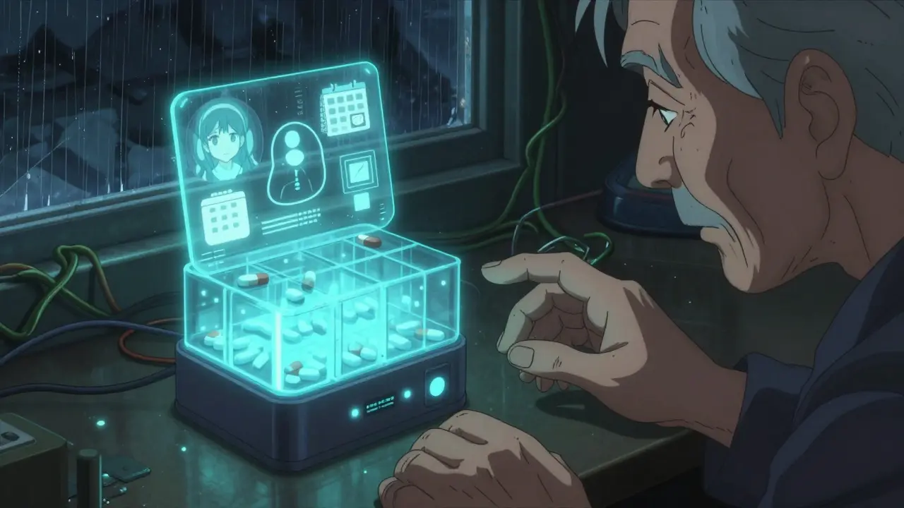 Smart pill dispenser glowing with blue LEDs as pills release, digital interface floating above.