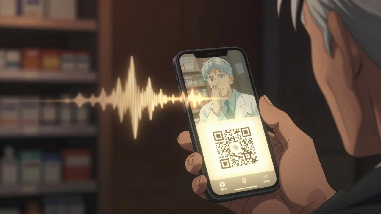 Smartphone displaying a QR code emitting audio waves, elderly man holding it in a dim pharmacy.