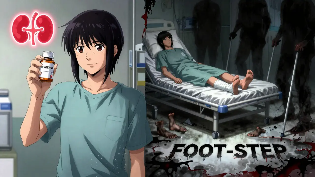 Split image: one side shows a patient happy with medication, the other shows them in hospital with lost toes in shadow.