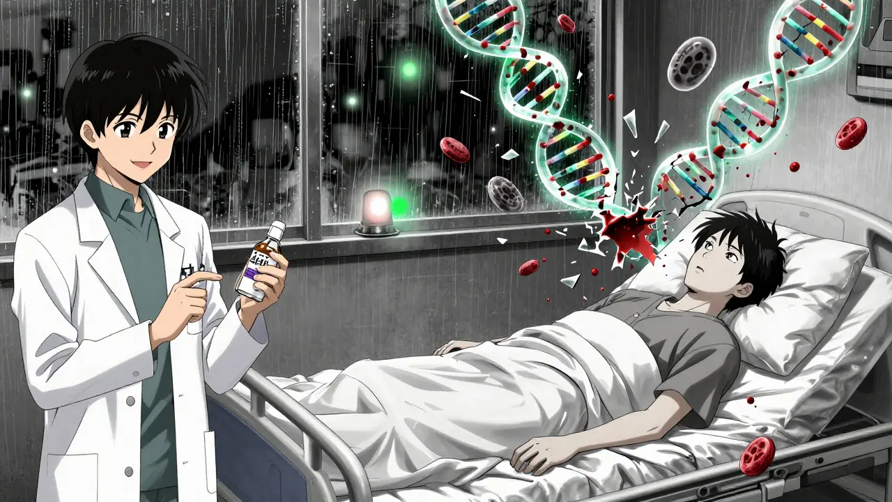 Split scene: a patient smiling while prescribed azathioprine, then collapsing as blood cells shatter around them.