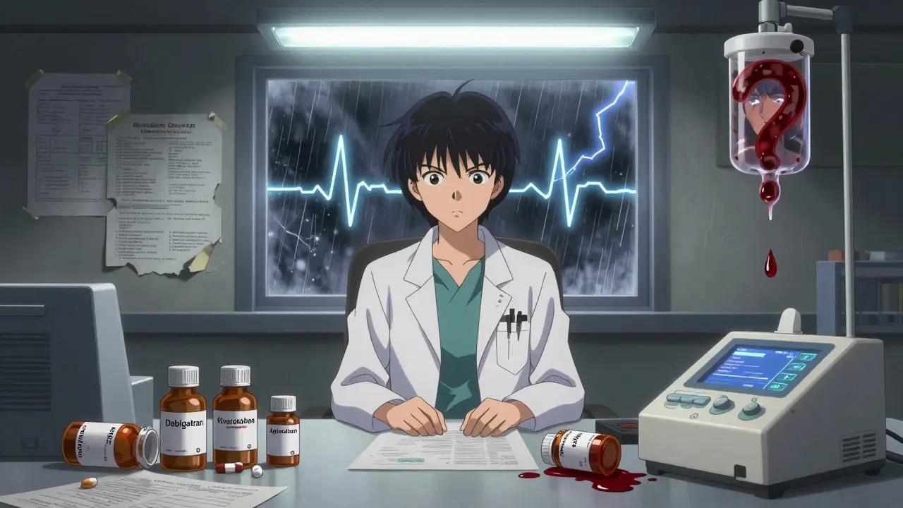 A doctor at a desk surrounded by pill bottles and torn guidelines, a drop of blood falling toward a dialysis machine under flickering light.