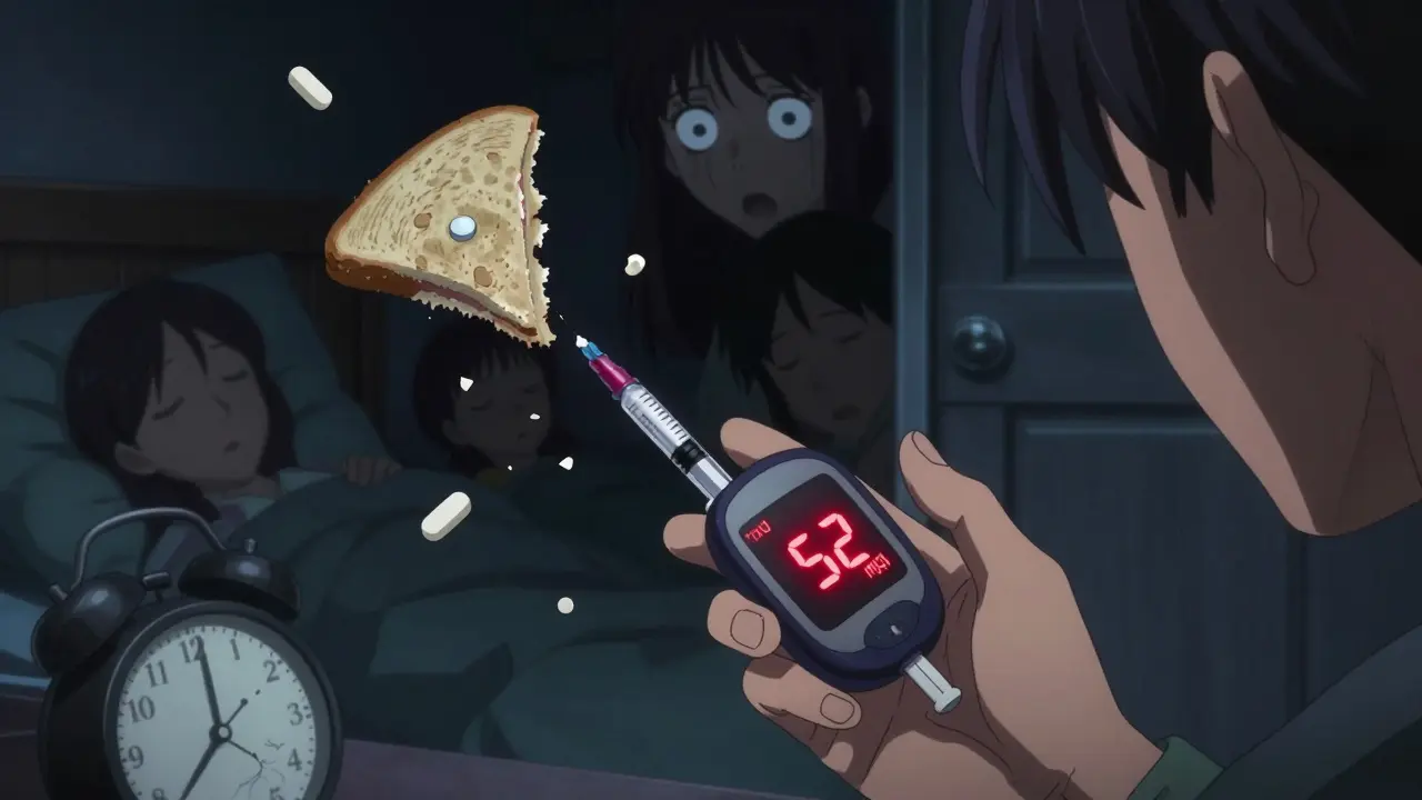 A hand injecting insulin at night while a blood glucose monitor flashes 52 mg/dL, with glucose tablets and a broken alarm nearby.
