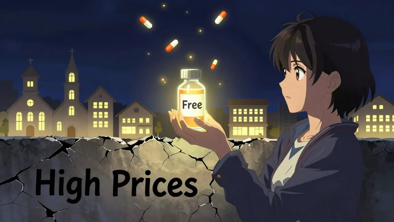 A hand reaches through a cracked wall labeled 'High Prices' to take a glowing free insulin bottle.