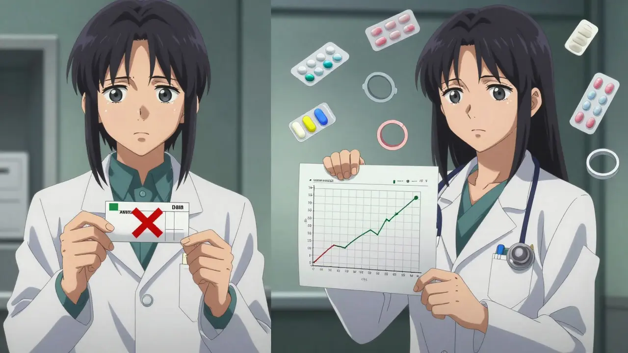 A pharmacist and doctor side by side, one with a red X over amoxicillin, the other showing stable hormone data with contraceptive methods.