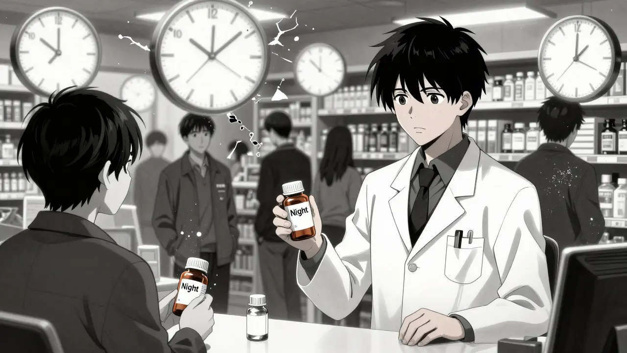 A pharmacist handing out statins labeled 'Night' and 'Morning' as clocks spin behind them in a pharmacy.