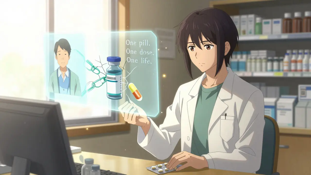 A pharmacist placing pills into a single-dose pack, with faint holograms of past errors and a blockchain glowing softly behind.