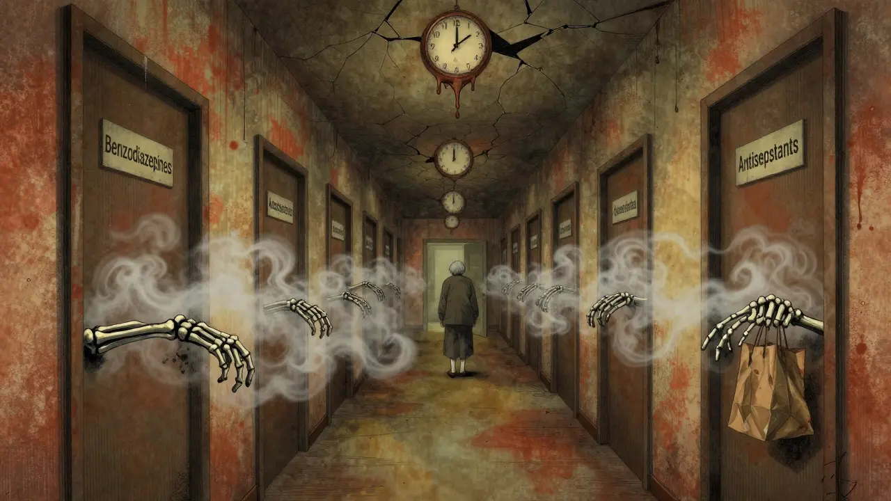 A senior holding a brown bag in a hallway of drug-labeled doors, with misty hands reaching from within.