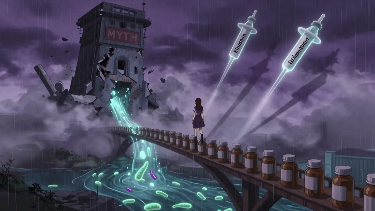 A woman on a bridge of pill bottles as a myth tower collapses, with three glowing dangerous drugs casting long shadows in the fog.