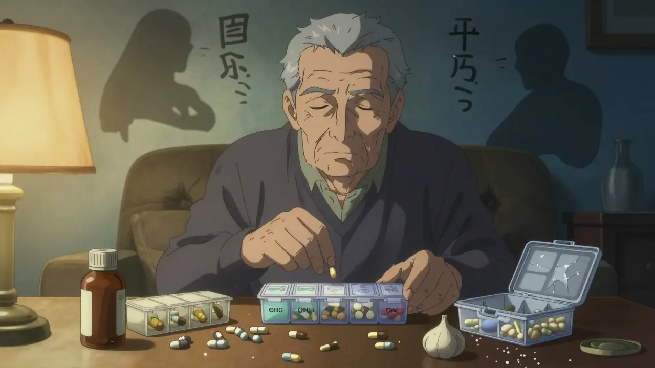 An elderly man confused by multiple pill organizers, shadowy medication figures whispering around him in a cluttered home.