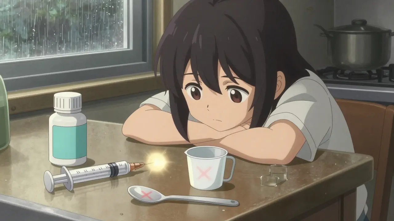 Oral syringe shines beside discarded kitchen spoon and dosing cup on counter.