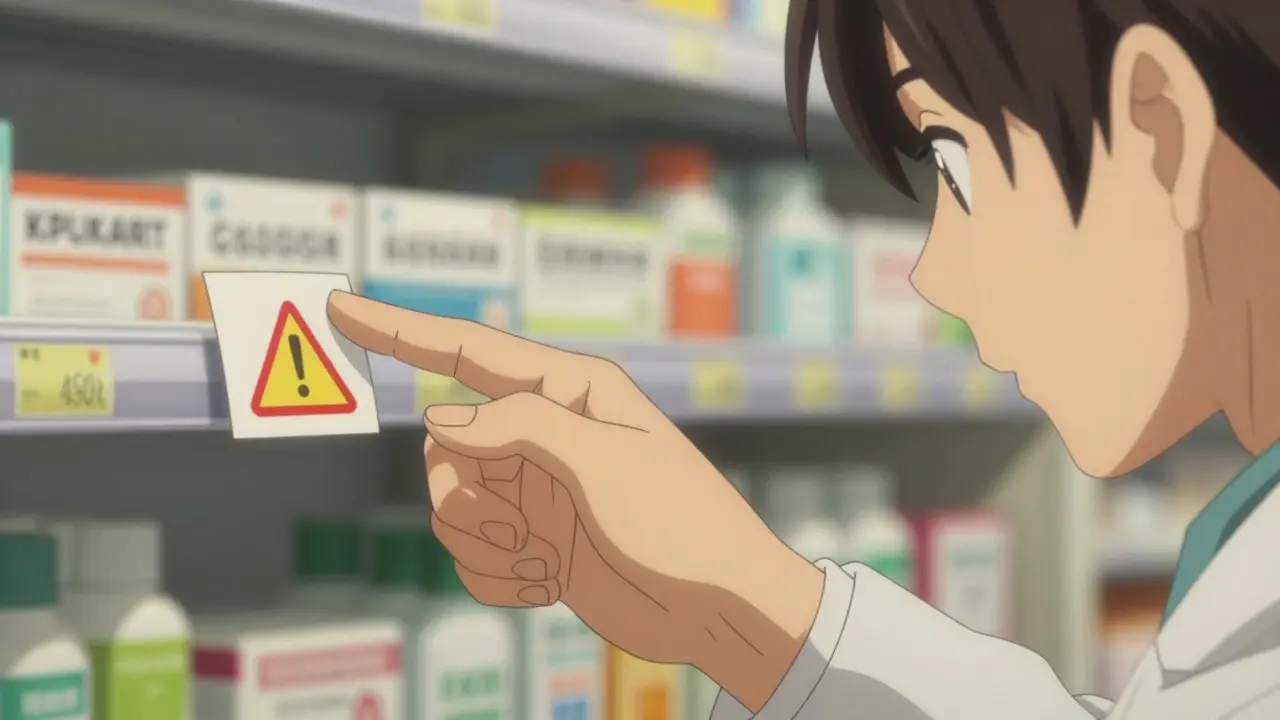 Patient and pharmacist reviewing prescription label with red warning symbol.