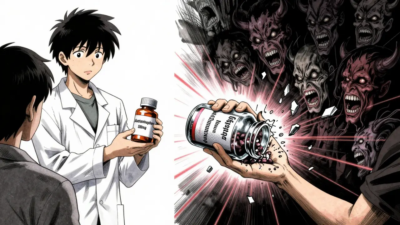 Pharmacist handing single pill bottle while shattered multi-drug bottle releases demonic ingredient faces.