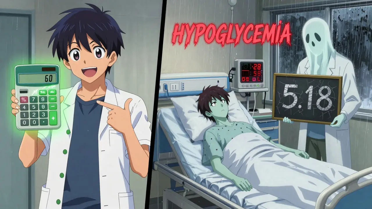 Split scene: one side shows a cheerful online calculator with 6.0, the other shows a person unconscious in a hospital with 'HYPogLYCEMIA' flashing.