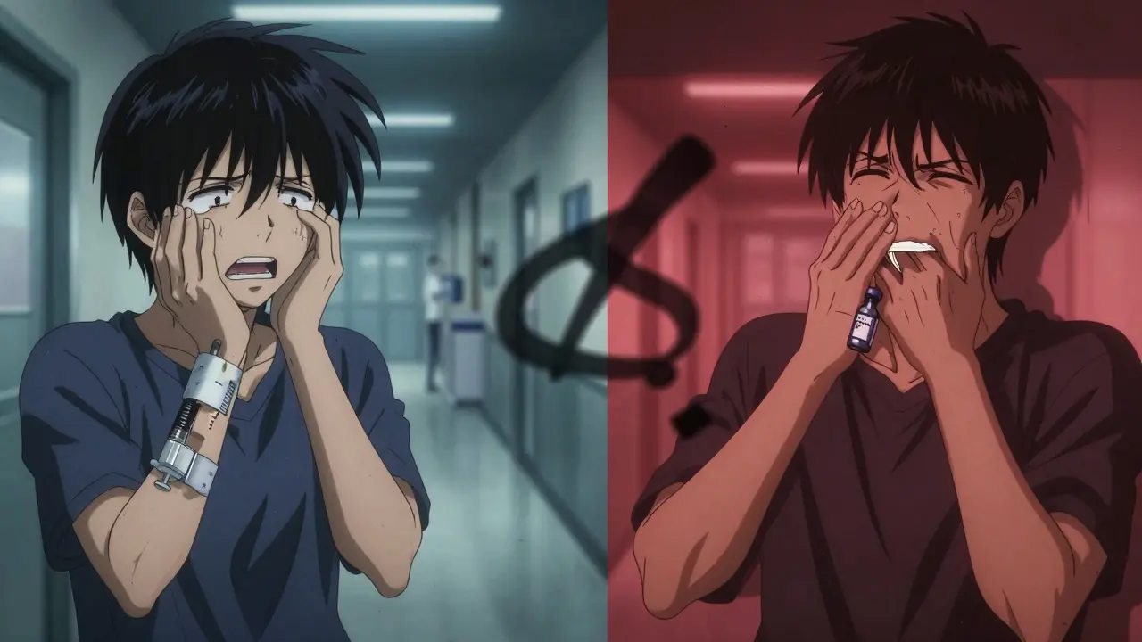 Split-screen of patient in pain and seizure due to medication error.