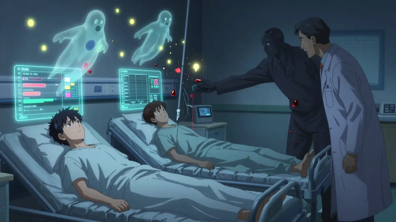 Three patients in a hospital ward with floating medical readouts, while DOAC molecules drift like fireflies and doctors reach across a veil of blood.
