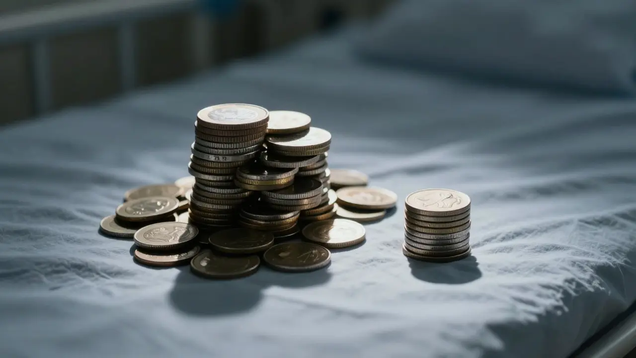Two coin stacks on hospital bed: jagged large pile vs smooth small pile under dramatic lighting.