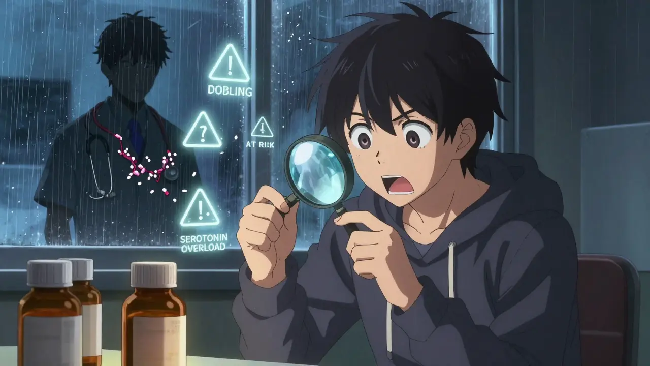Young adult examining medicine bottles with floating warning symbols, doctor watching silently in background.