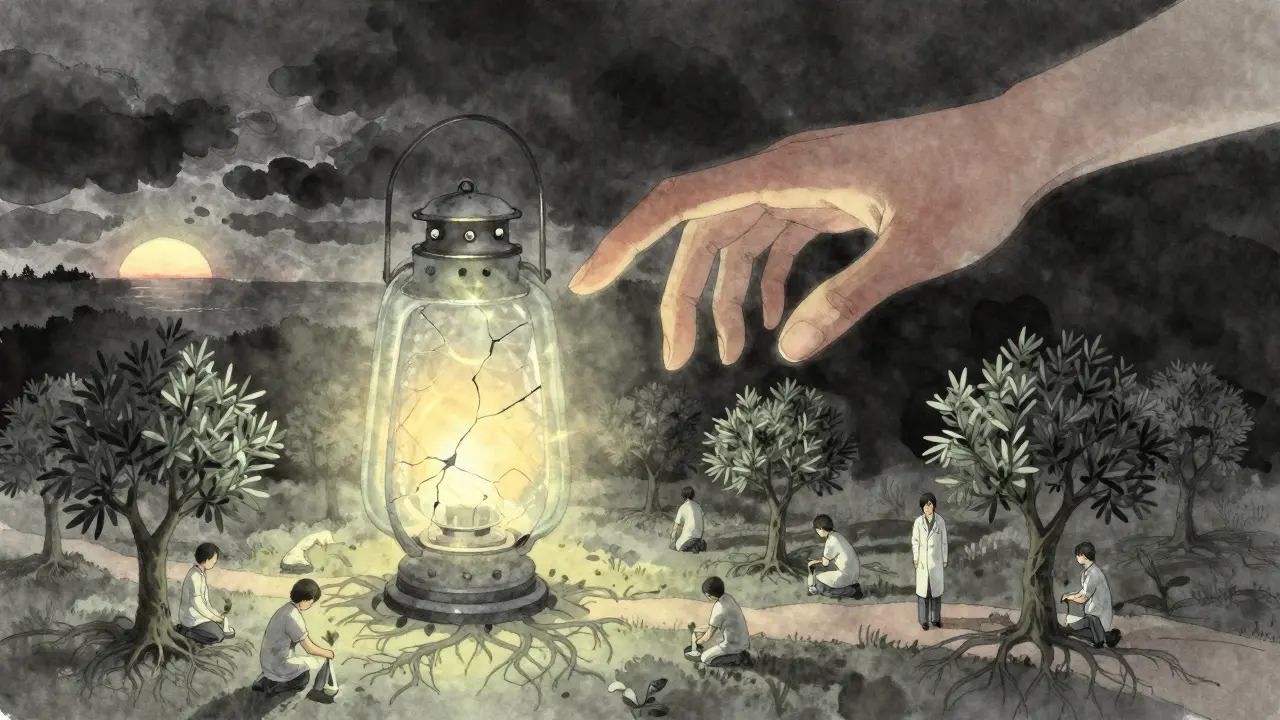A cracked glowing liver lantern being healed by tiny figures planting trees, in soft, ethereal anime style.