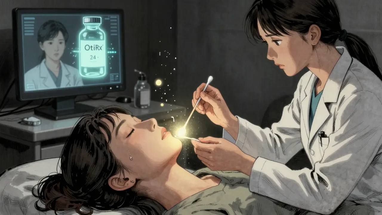 A doctor gently cleaning an infected ear canal with a soft, luminous swab.