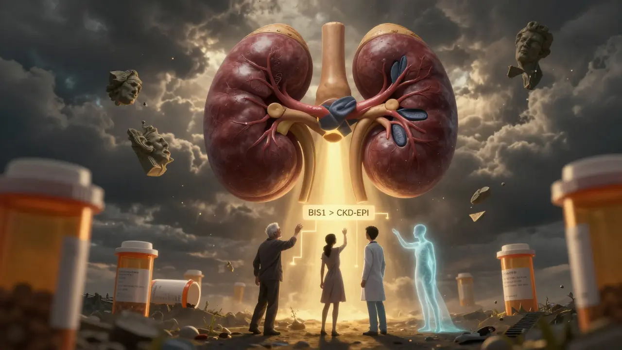 A floating kidney with crumbling nephrons, as three figures reach toward a BIS1 flowchart in the sky.