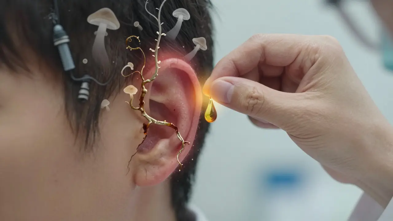 A glowing drop of medication neutralizing fungal spores inside a swollen ear canal.