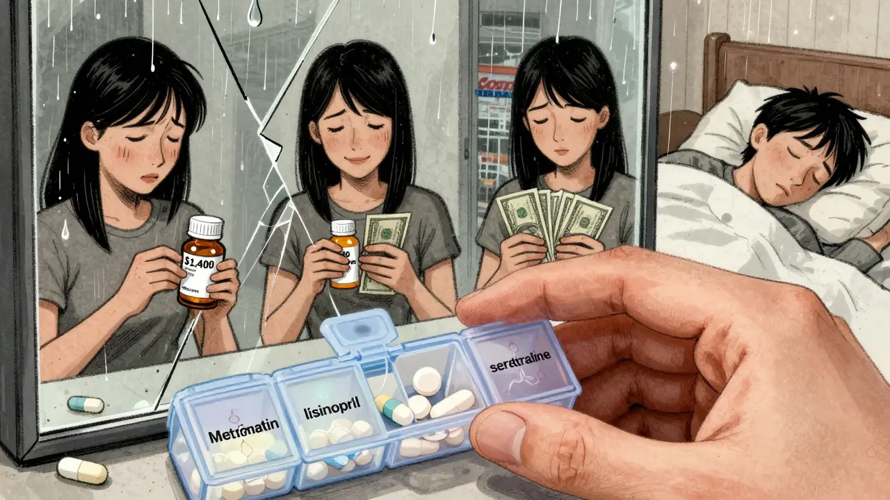 A hand placing three generic pills into an organizer, with reflections showing different financial outcomes and rain turning dollar signs into vapor.