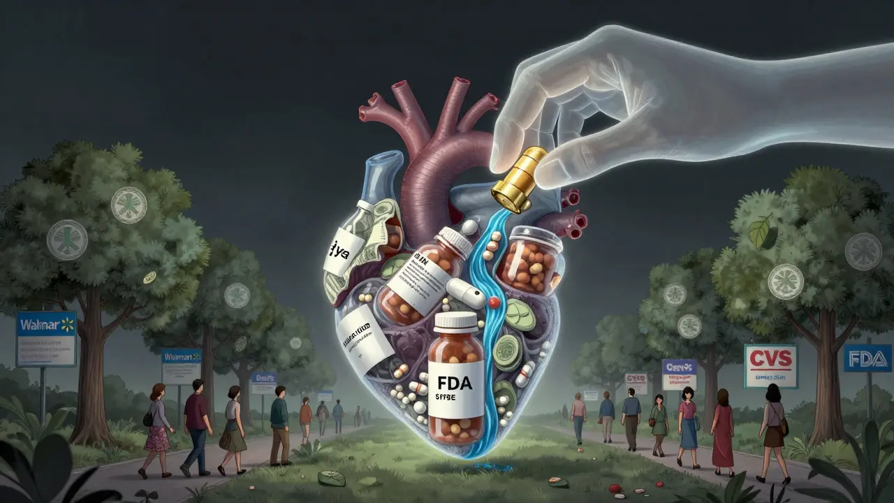 A heart made of pill bottles with money flowing into trees shaped like FDA seals, while people walk past pharmacies under a golden approval stamp.