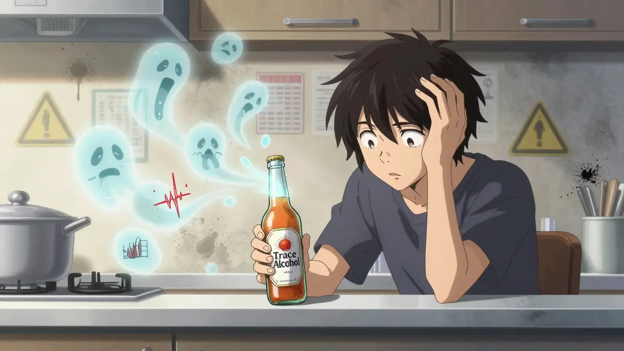 A person clutching their head in dizziness as ghostly side effects spiral from a kombucha bottle.