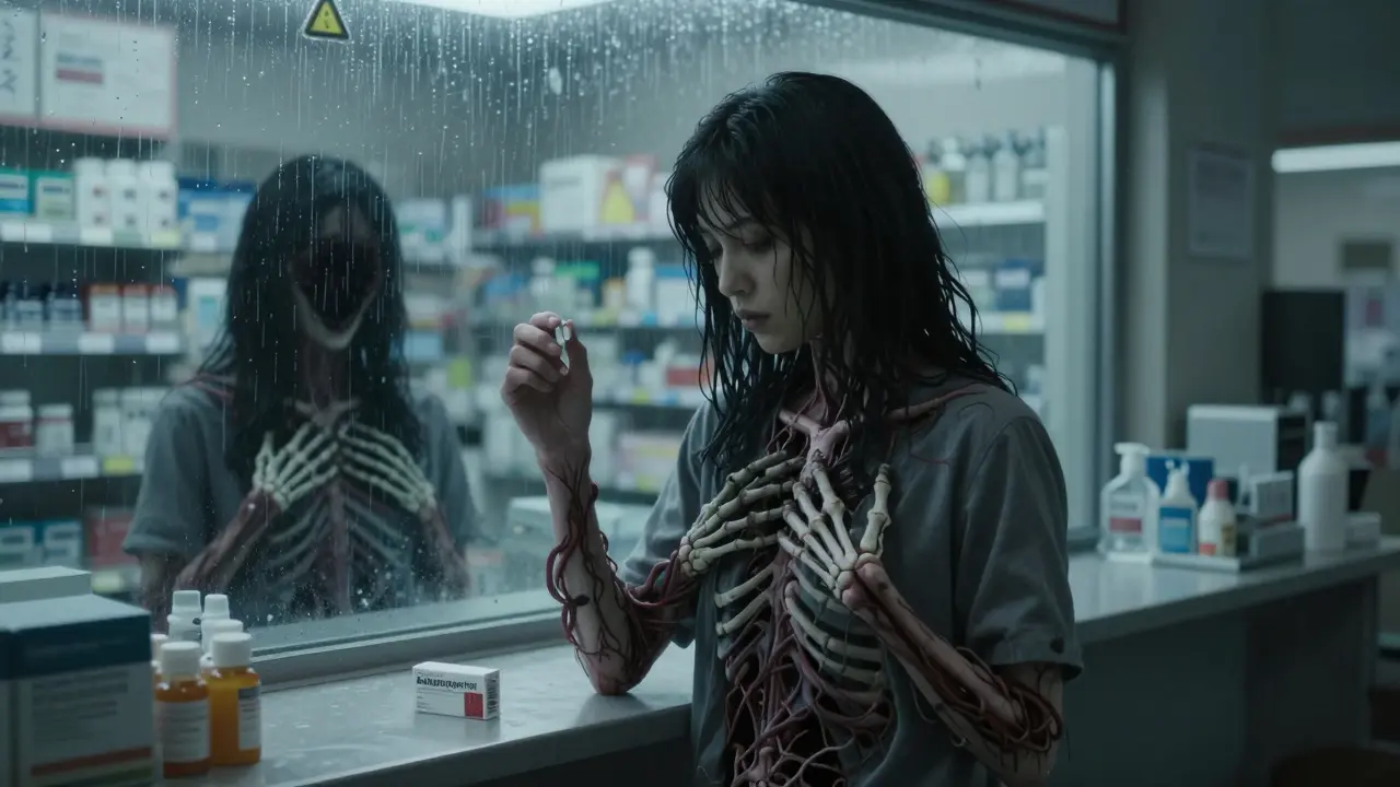 A person holding two pills as dark tendrils form skeletal hands gripping their chest, with a hollow reflection in the mirror, in Sui Ishida's haunting visual style.